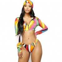 New Women's Two-piece Suit Swimsuit Long Sleeve Sunscreen Zipper top Biquini Bottom Swim Cap 3Pcs Print Summer Beach Wear